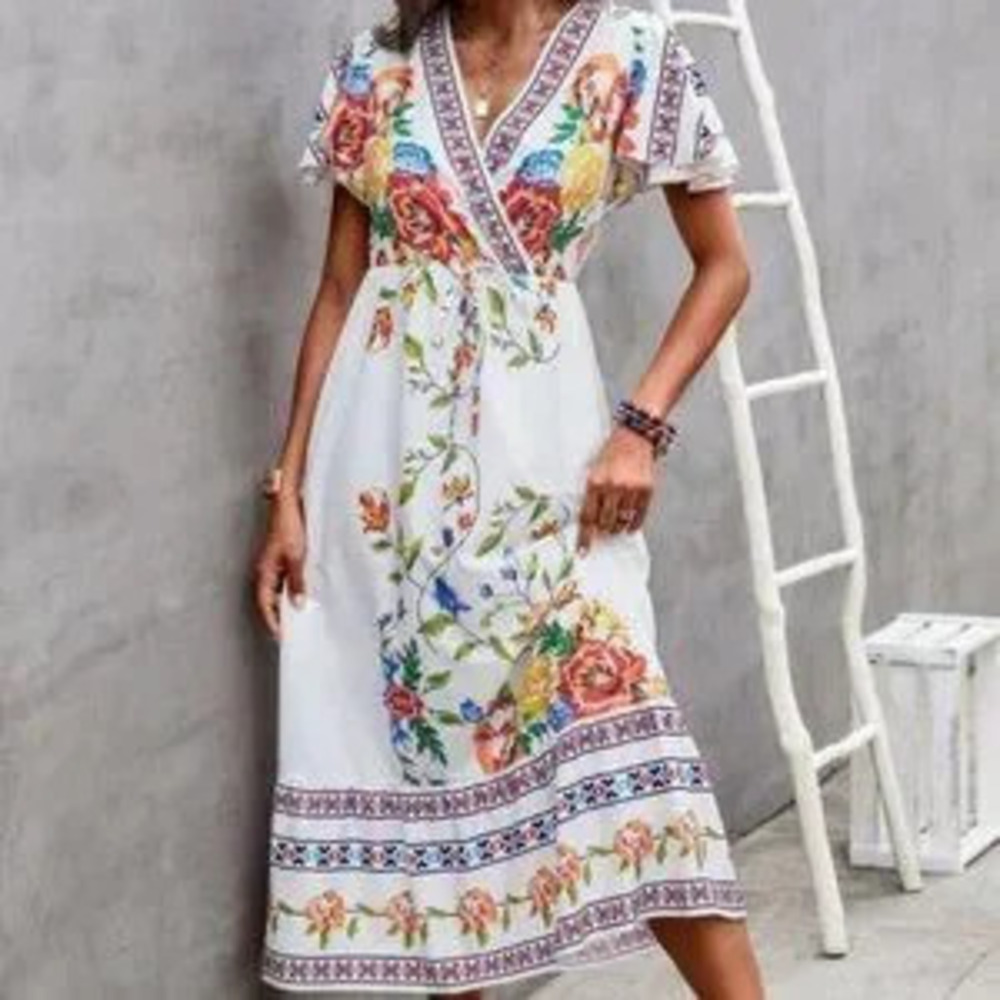 ZARA Overlap Collar Flutter Sleeves Tied Front Floral Midi Dress white